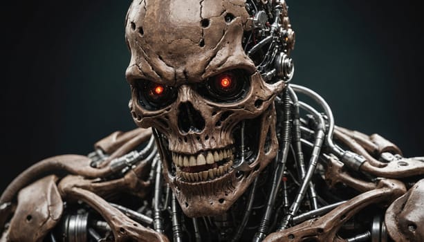 A robotic skull with exposed wires and circuitry, glowing red eyes, and a menacing expression.