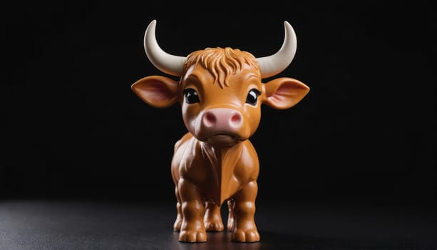 A small, brown, ceramic bull figurine stands on a dark, flat surface. It has white horns, large eyes, and a serious expression.