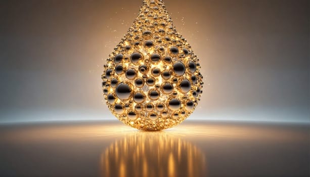 A large, golden sphere composed of numerous smaller spheres rests on a smooth, reflective surface. The spheres glow with a warm, golden light, casting a reflection on the surface below.