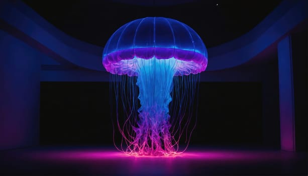 A large jellyfish sculpture hangs in a room with dark walls and a pink and blue light emanating from the jellyfish's translucent body and tentacles.