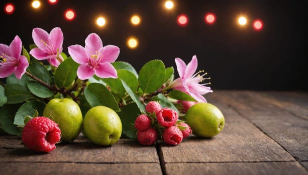 A sprig of pink blossoms with green leaves and unripe apples is arranged on a wooden table. Several small red berries are scattered around the apples.