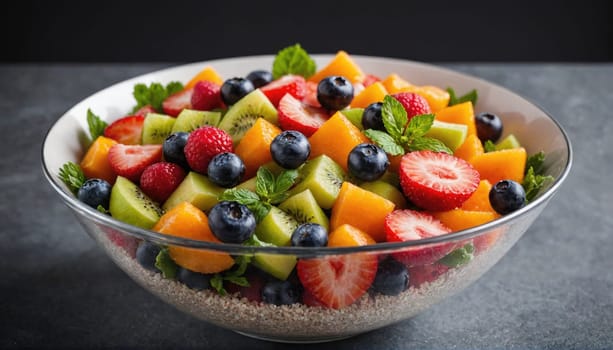 A glass bowl filled with a vibrant fruit salad. The salad contains diced kiwi, strawberries, blueberries, and cantaloupe.