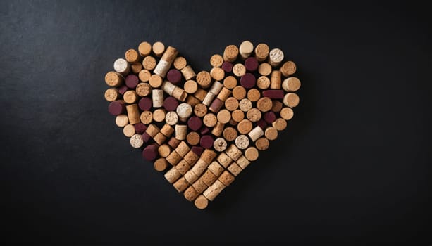 A heart shape is created on a black background using a collection of wine corks.
