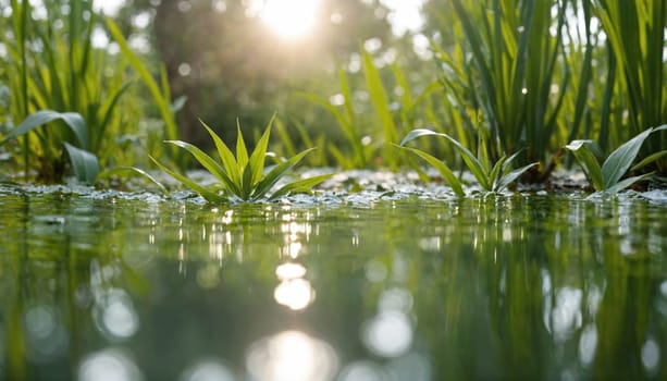 A close-up shot of green aquatic plants in a pond or lake, with sunlight reflecting off the surface of the water. The plants are in the foreground, with a blurred background of more greenery.