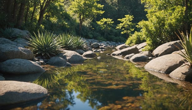 A small creek meanders through a dense forest. The creek is shallow and clear, with a rocky bottom visible through the water.