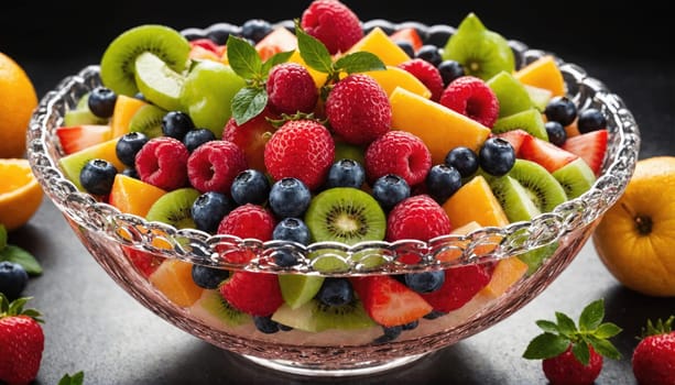 A glass bowl filled with a colorful fruit salad sits on a dark surface. The salad is composed of various fruits such as kiwi, raspberries, blueberries, strawberries, and orange.