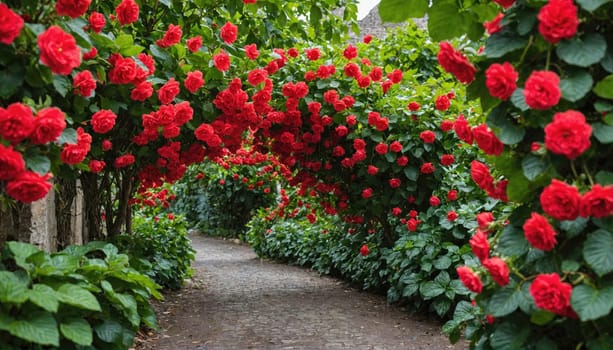 A brick pathway meanders through a lush garden, framed by rows of vibrant red roses in full bloom. The roses are clustered together on the vines, creating a stunning display of color.