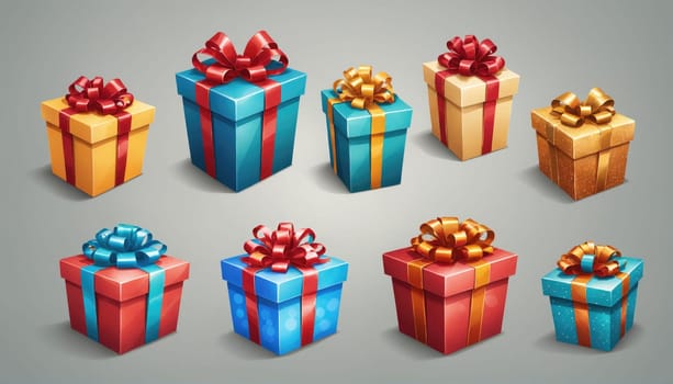 A set of eight gift boxes in various colors, with red, blue, and gold ribbons, are positioned against a plain gray background. The boxes are shown from a slightly elevated perspective.