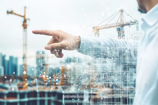 An engineer points towards a construction site while overlayed with digital data visualization, symbolizing innovation and technology in the construction industry.