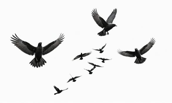 A flock of nine black birds flies in formation against a plain white background. The birds are flying in a loose V-shape, with the largest bird at the front.