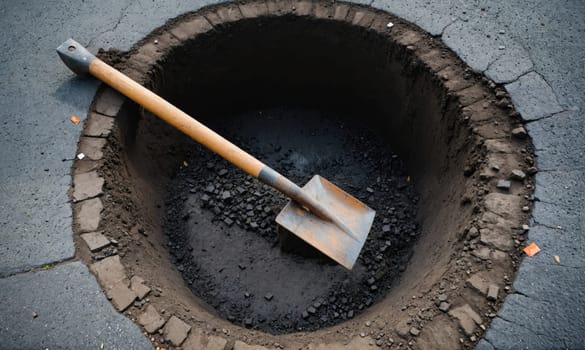 A shovel rests in the bottom of a large hole dug in asphalt.
