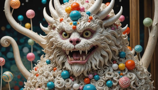 A detailed sculpture of a furry, white monster with large, open jaws and sharp teeth.