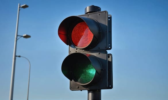 A traffic light with a red light on top and a green light on the bottom is mounted on a pole against a clear blue sky. There are streetlights in the background.