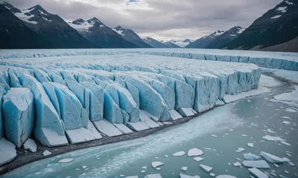 A glacier, frozen and expansive, lies beneath a cloudy sky. The glacier's surface is cracked into numerous formations, with jagged peaks and smooth, rounded shapes.