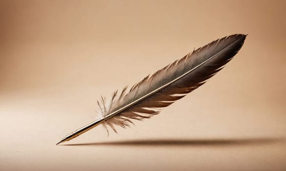 A feather quill with a metal nib lies on a light brown surface. The quill is in a diagonal position, with the nib facing the left side of the image.