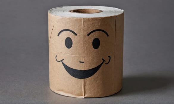 A roll of toilet paper sits on a grey background. The paper is brown, and there is a black smiling face drawn on it.