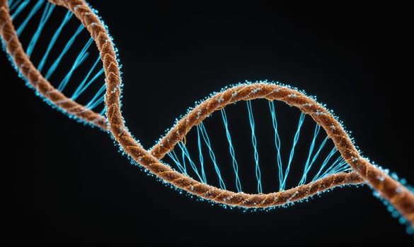 A digital illustration of a DNA strand, showing its iconic double helix structure. It is rendered in a realistic style, with detailed strands and a black background.