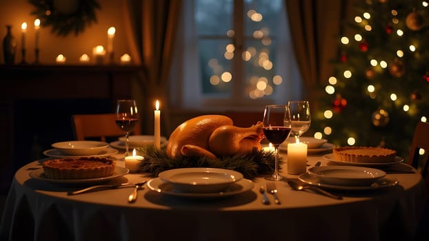 In a dimly lit room, the table is beautifully decorated with Christmas ornaments, and the soft candlelight highlights a holiday spread of turkey, pies, and wine glasses. The scene feels warm, inviting, and festive