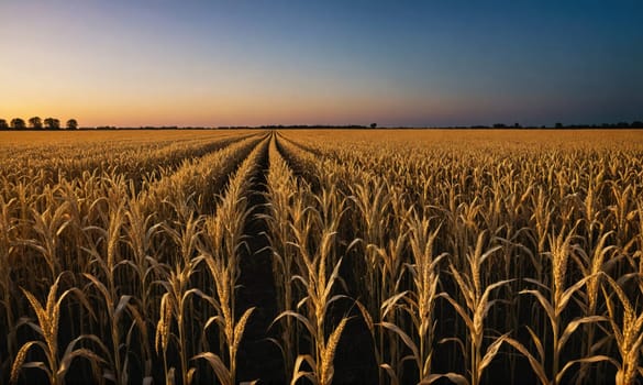 A wide shot of a cornfield at sunset. The corn stalks are tall and golden, creating a sea of yellow. Two rows of tall plants run down the center of the field, leading the eye toward the horizon.