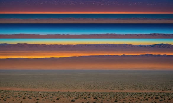 A view of a desert landscape with the sun setting, showing layers of colored clouds in the sky. The sky is a mix of red, orange, yellow, blue, and purple.