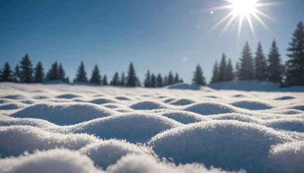A field covered in snow, with the sun shining brightly overhead. The snow is piled up in small mounds, and the trees in the distance are silhouetted against the bright sky.