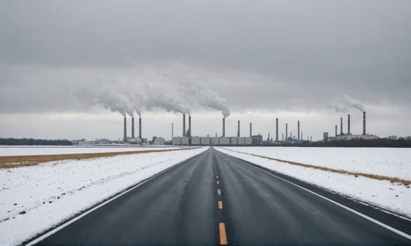 A long road covered in fresh snow leads toward a large factory with many tall smokestacks emitting smoke into the overcast sky.