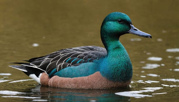 A teal duck swims on a calm pond. The duck has a dark blue head and neck with a pink breast. The water is brown and still.