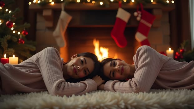 A fireplace adorned with Christmas stockings, candles, and pine branches sets a festive and cozy scene. Two women in soft pajamas sit on a fluffy rug in front of the fire, enjoying the warmth