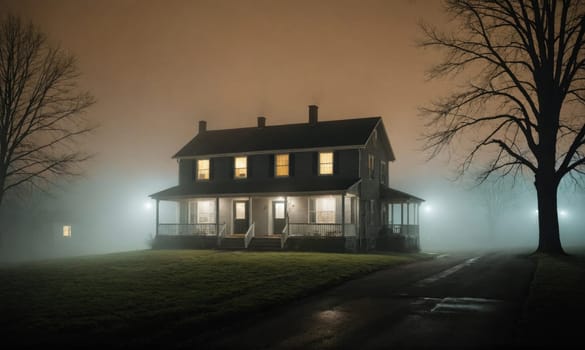 A house with a porch is illuminated in the foreground with its windows glowing against a dark background. The house is located on a street with trees lining the sides.