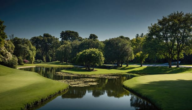 A wide shot of a golf course with a pond snaking through the green. The pond is surrounded by lush grass and mature trees. The sky is clear and blue with a few clouds.