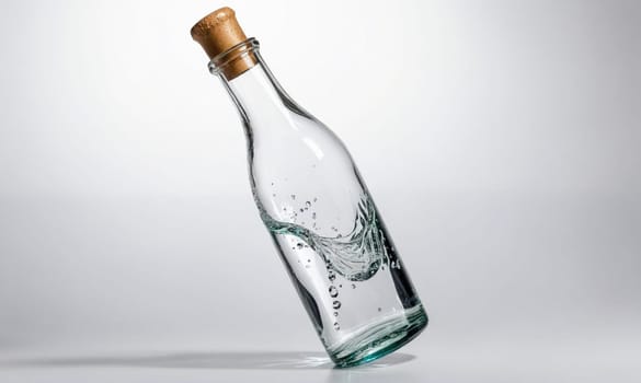 A glass bottle with a cork top lays on its side on a white surface. The bottle is filled with clear water that is swirling and creating bubbles.