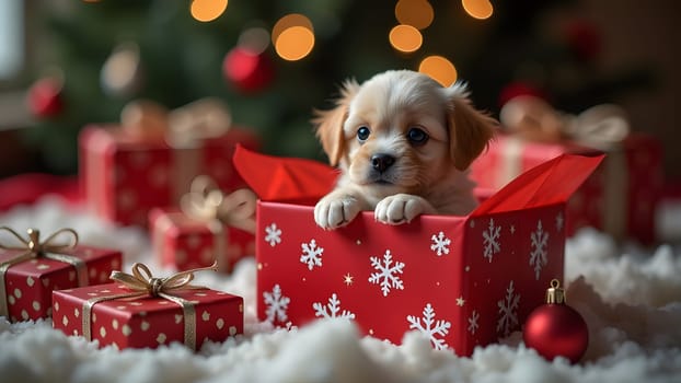 A small puppy peeks out of a gift box wrapped in red paper with white snowflakes. Surrounding the box are many other presents, creating a heartwarming and festive holiday scene filled with joy