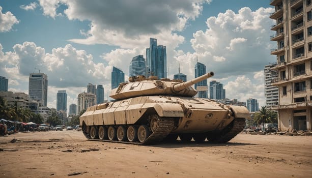 A military tank drives down a street in a city. The street is dusty and there are buildings on either side. The sky is cloudy and there are tall buildings in the background.