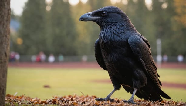 A black raven stands in a grassy field, looking away from the camera. There are brown leaves on the ground around it. The bird has black feathers and a dark beak.