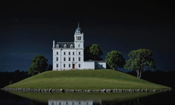 A large, white mansion stands on a grassy hill illuminated by the moon. Trees surround the mansion, and a body of water stretches out in the foreground, reflecting the mansion's silhouette.