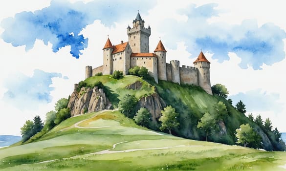A watercolor painting depicts a large, stone castle perched high atop a green hill. The castle has multiple towers and walls. There are trees surrounding the base of the hill and in the distance.