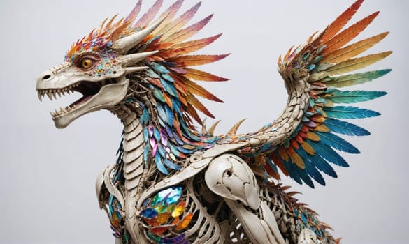 A skeletal dragon sculpture, featuring vibrant feathers and intricate details, is positioned against a white backdrop. The dragon's head is turned to the side, its mouth open in a silent roar.