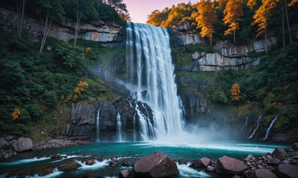 A massive waterfall plunges down a steep, rocky cliff. The waterfall is surrounded by dense green foliage, and a turquoise pool of water collects at the base.