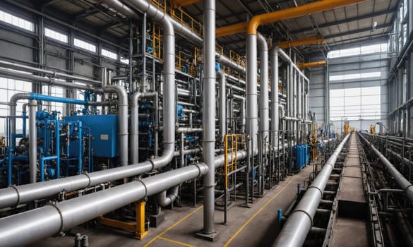 A large industrial building with a vast network of pipes and machinery. The pipes are made of metal and are painted in different colors. The machinery is large and complex.