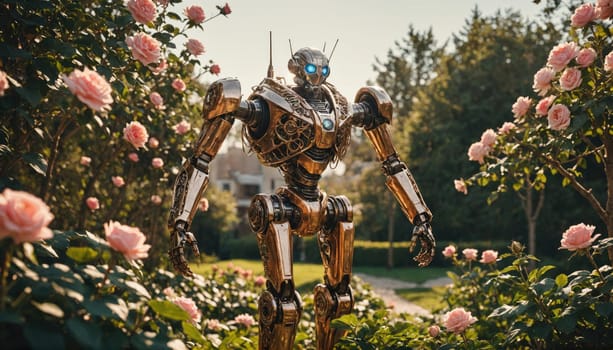 A large, metallic robot stands in a sunny garden, surrounded by lush greenery and pink roses. Its body is detailed and intricate, with various gears and mechanisms visible.