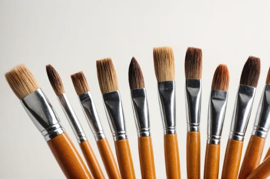 Several paintbrushes are arranged in a fan shape. The brushes are all similar in style, featuring brown handles and silver ferrules. The brushes are arranged on a white background.