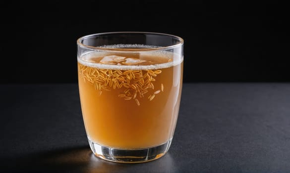 A glass of tea with cumin seeds floating in it sits on a black surface.