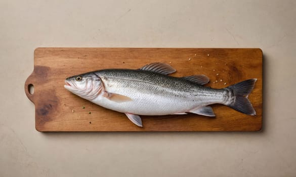 A whole fish is on a light brown wooden cutting board, placed on a beige countertop. The fish is positioned lengthwise on the board with its head facing the left side of the frame.