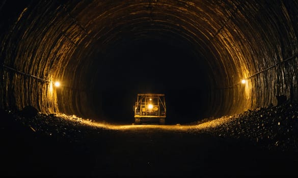 A vehicle drives through a long, dark tunnel. The vehicle's headlights illuminate the road ahead, and overhead lamps cast a faint glow on the tunnel walls.