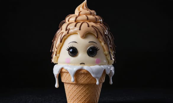 An ice cream cone shaped like a doll's head with large, round eyes. The ice cream is topped with a swirl of caramel and melting down the sides of the waffle cone.