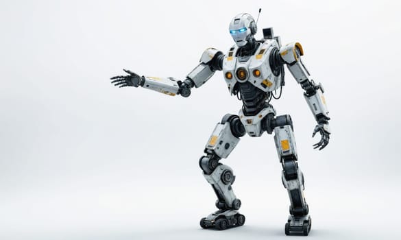 A robot, mostly white with yellow accents, stands on a white background. It is facing towards the left side of the image.