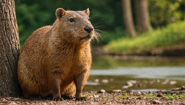 A large, brown capybara sits near a tree and a small pond in a forest. The capybara is facing to the right and looking forward.