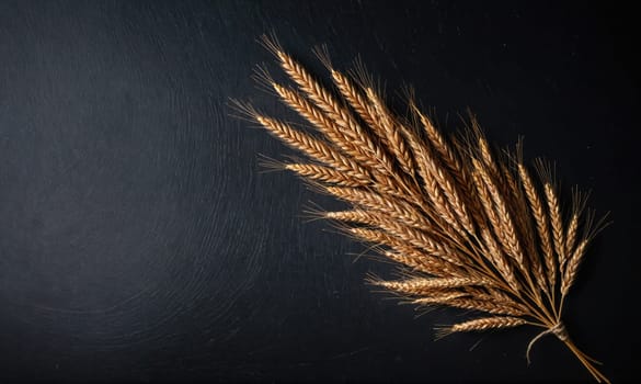 A bunch of dried wheat stalks are arranged on a black background. The stalks are golden brown and have long, thin grains.