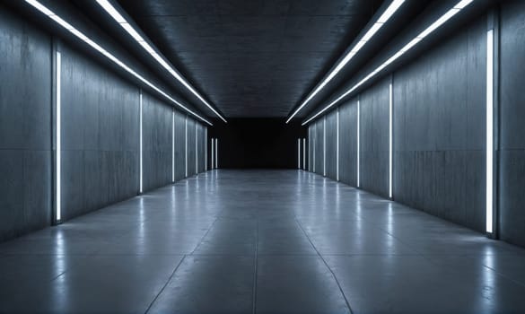 A long hallway with concrete walls is illuminated by bright white strip lights lining the walls. The floor is smooth and reflective. The end of the hallway is dark and obscured.