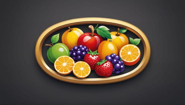 A gold-rimmed bowl filled with various fruits, including apples, oranges, berries, and grapes. The fruit is arranged in a visually appealing and appetizing way.